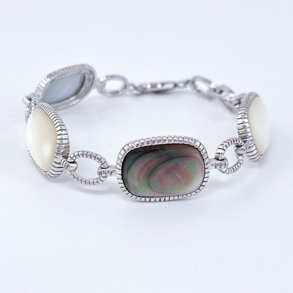 Vintage Sterling Silver 925 Mother of Pearl & Abalone Link Bracelet 7.25” - Picture 1 of 6